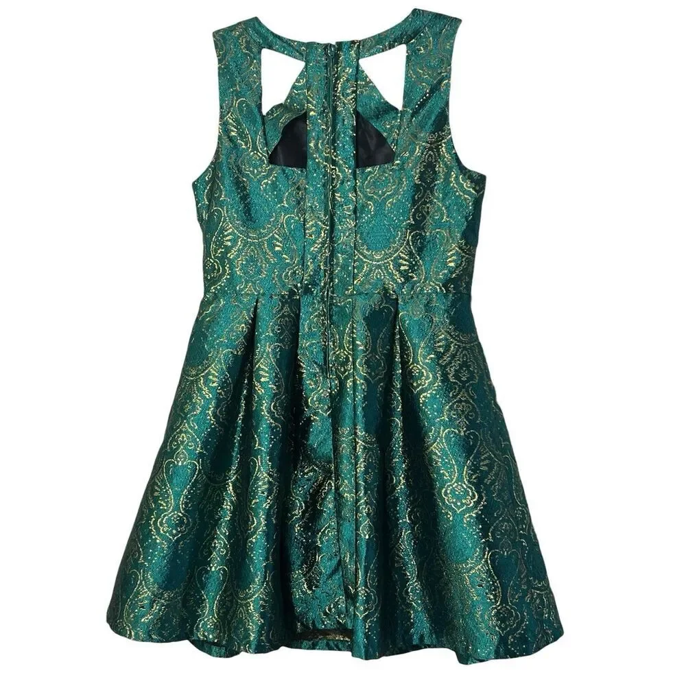 The Children’s Place Girls Dress Size 14 Teal Green Gold Brocade Party Holiday